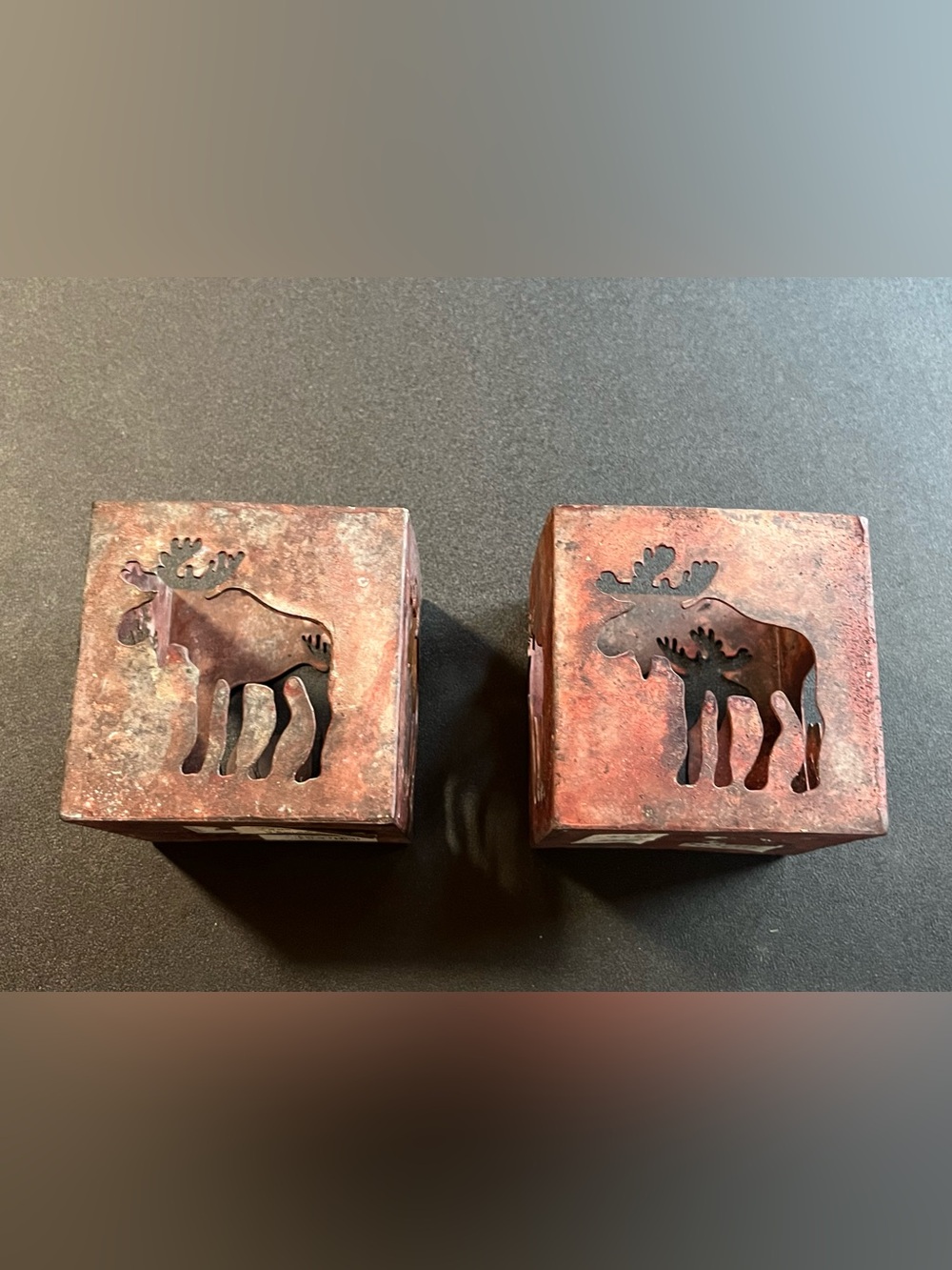 Rustic Moose Metal Candle Holders - Set of 2, Distressed Copper Tone